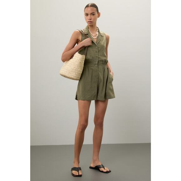 Onia Sz Xs Olive Green Sleeveless Front Button Collared Linen Romper 1 pc - Picture 1 of 9